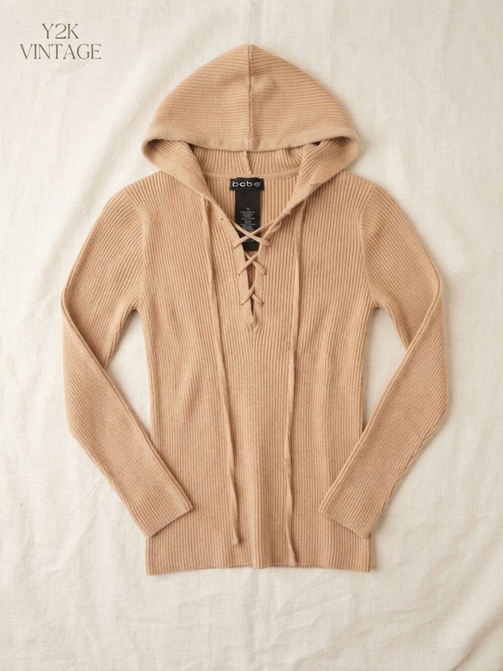 Vintage Y2K Bebe Ribbed Lace-Up Hoodie Camel Nude McBling Grunge Top M